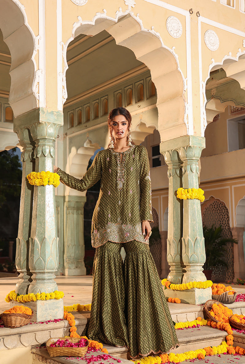 Olive Green Printed Raag Sharara Set