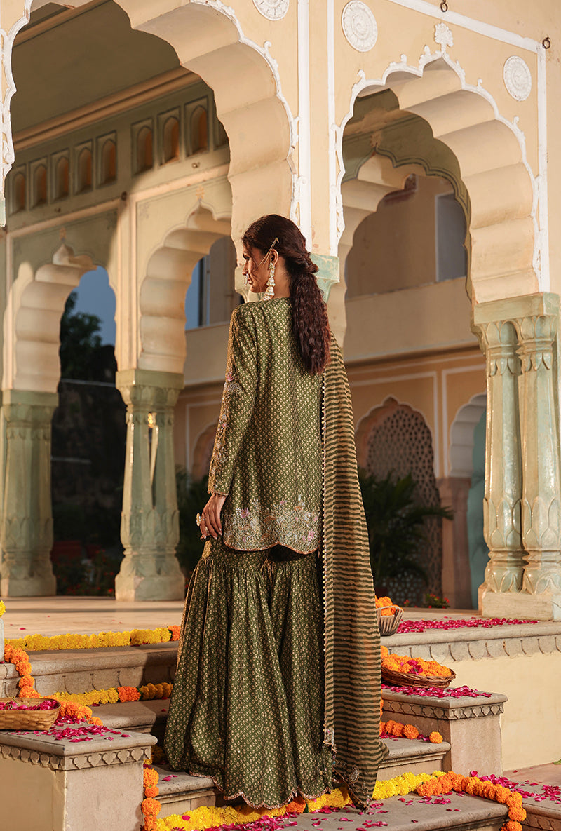 Olive Green Printed Raag Sharara Set