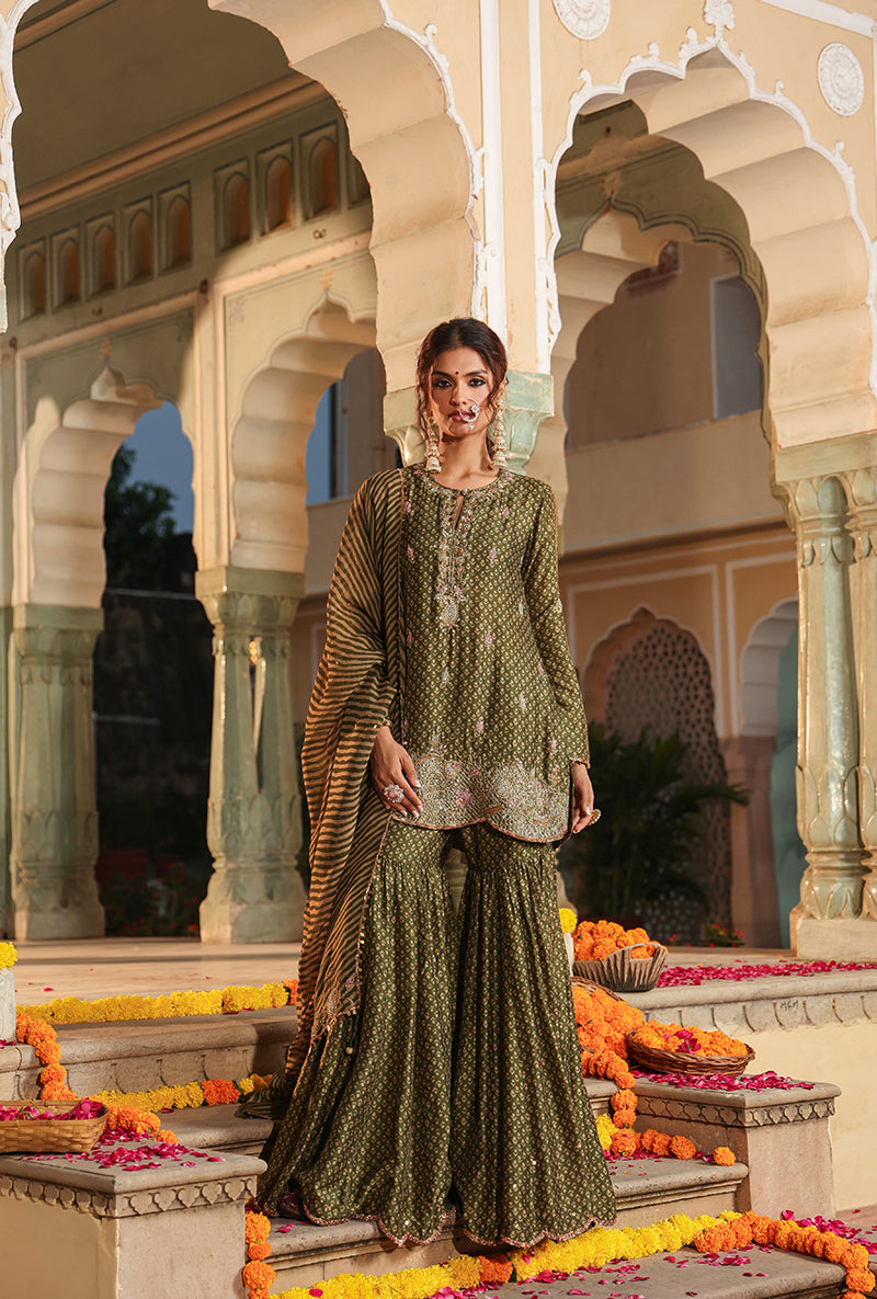 Olive Green Printed Raag Sharara Set