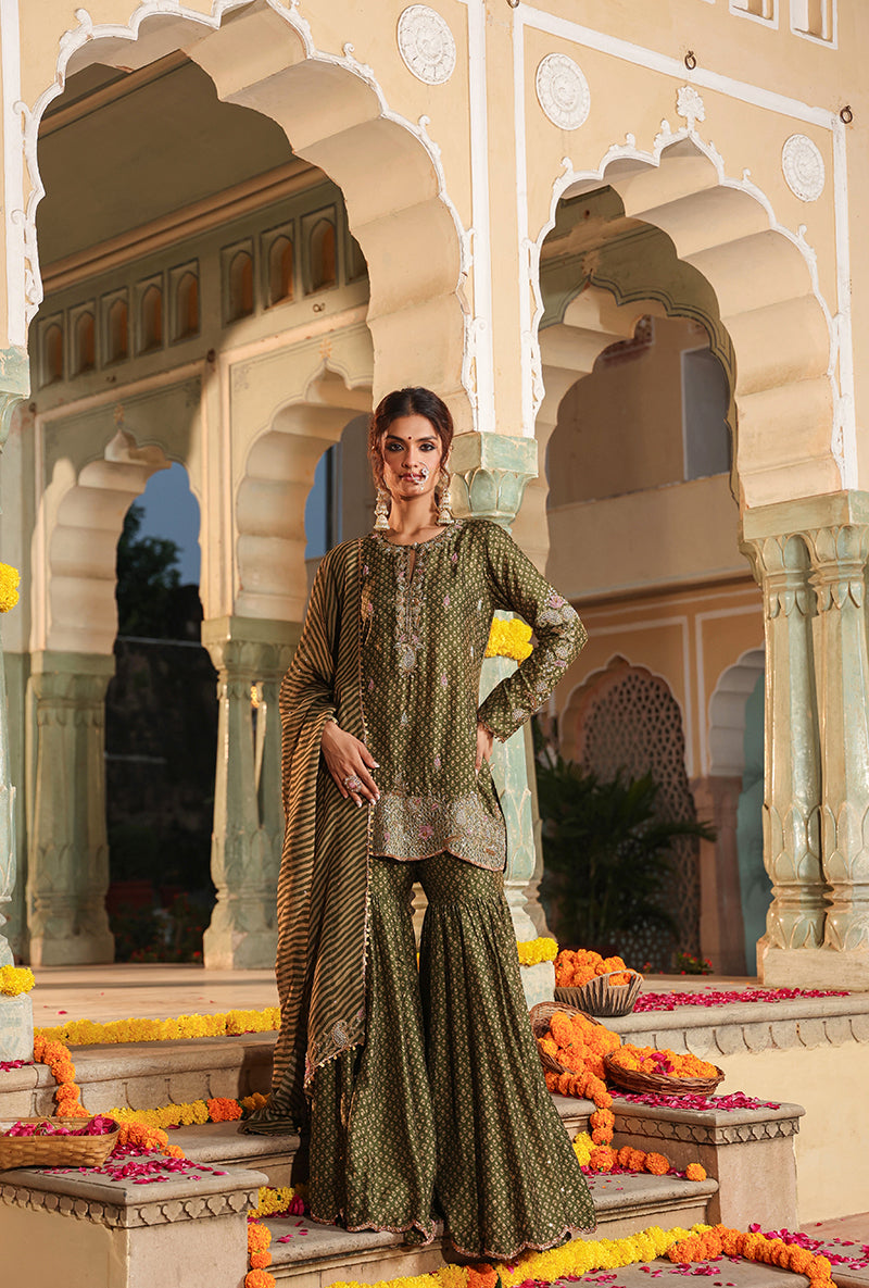 Olive Green Printed Raag Sharara Set