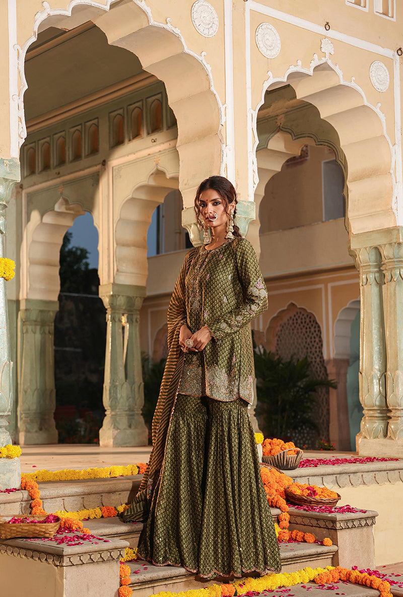 Olive Green Printed Raag Sharara Set