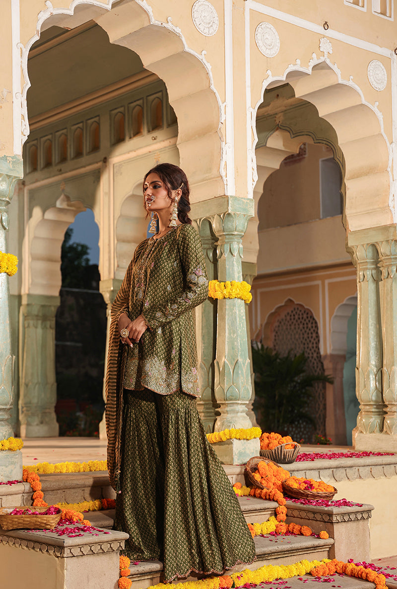 Olive Green Printed Raag Sharara Set