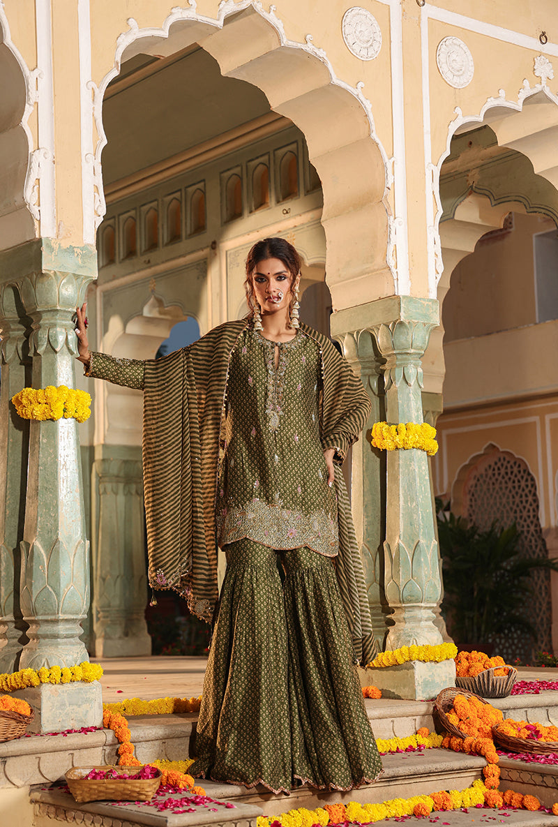 Olive Green Printed Raag Sharara Set