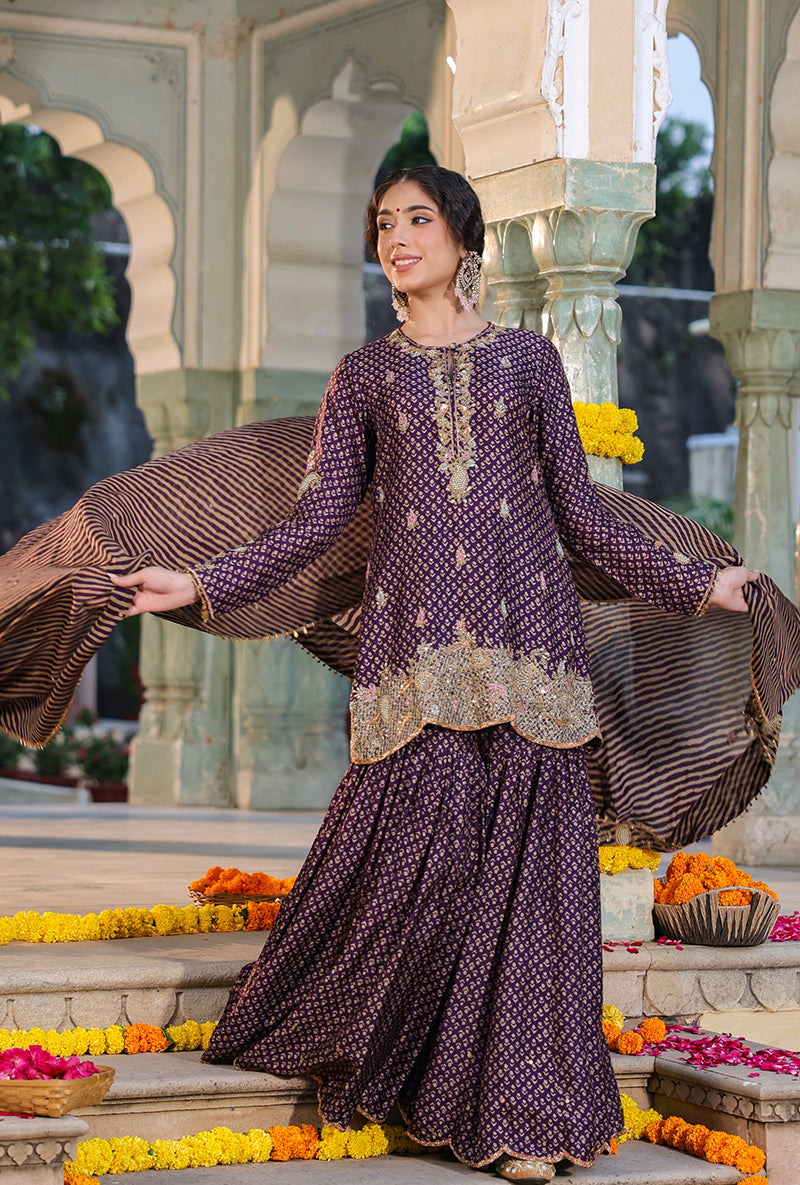 Purple Printed Raag Sharara Set