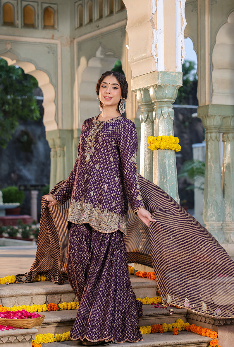 Purple Printed Raag Sharara Set