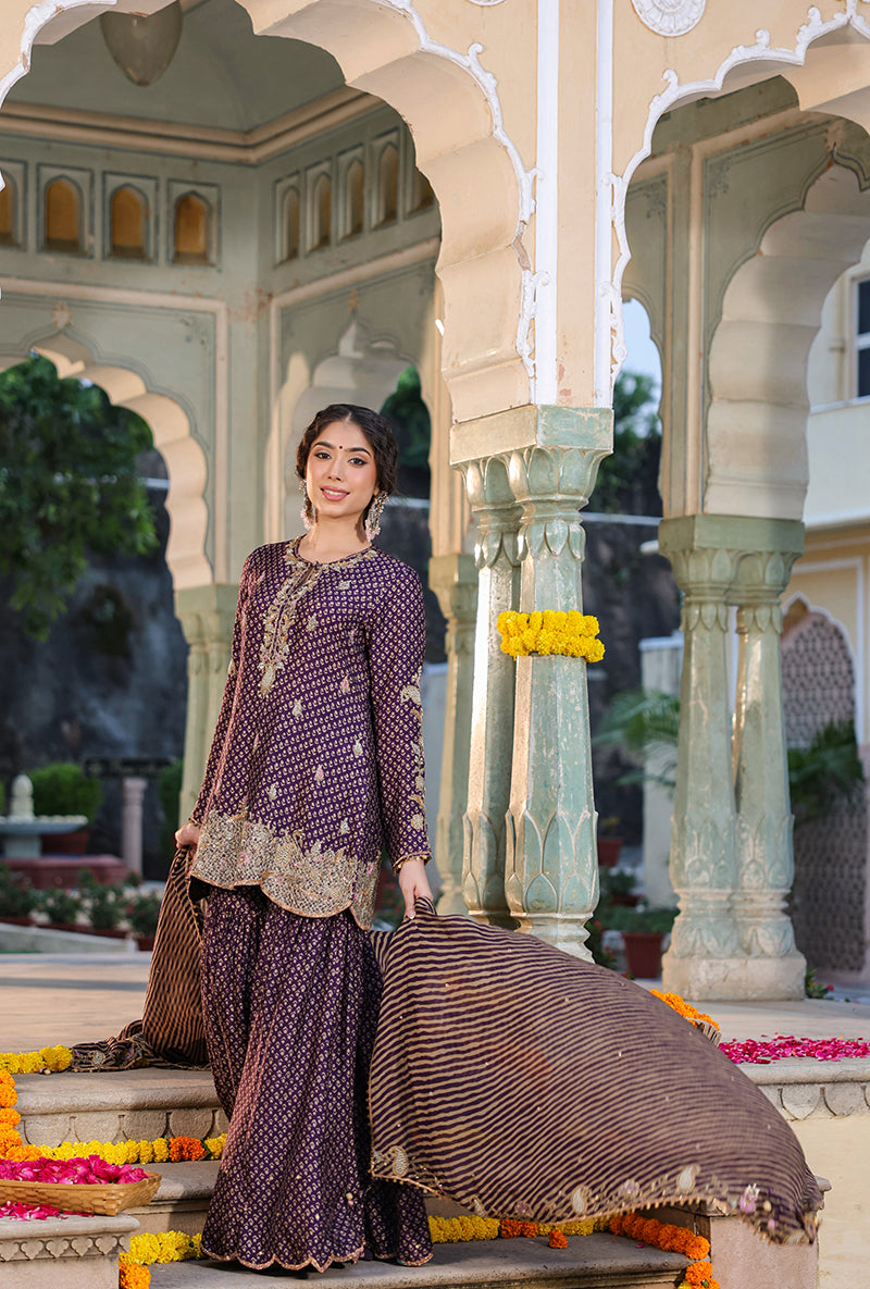 Purple Printed Raag Sharara Set