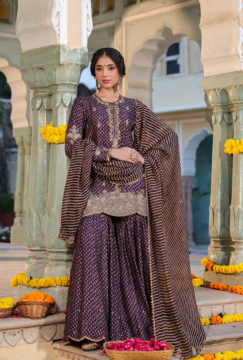 Purple Printed Raag Sharara Set