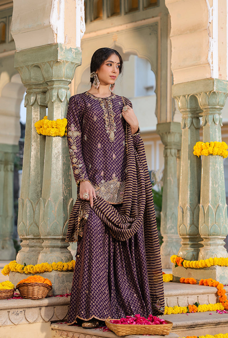 Purple Printed Raag Sharara Set