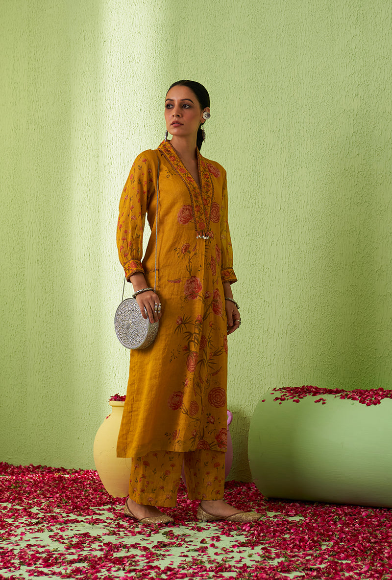 Mustard High Collar Floral Print Kurta Set