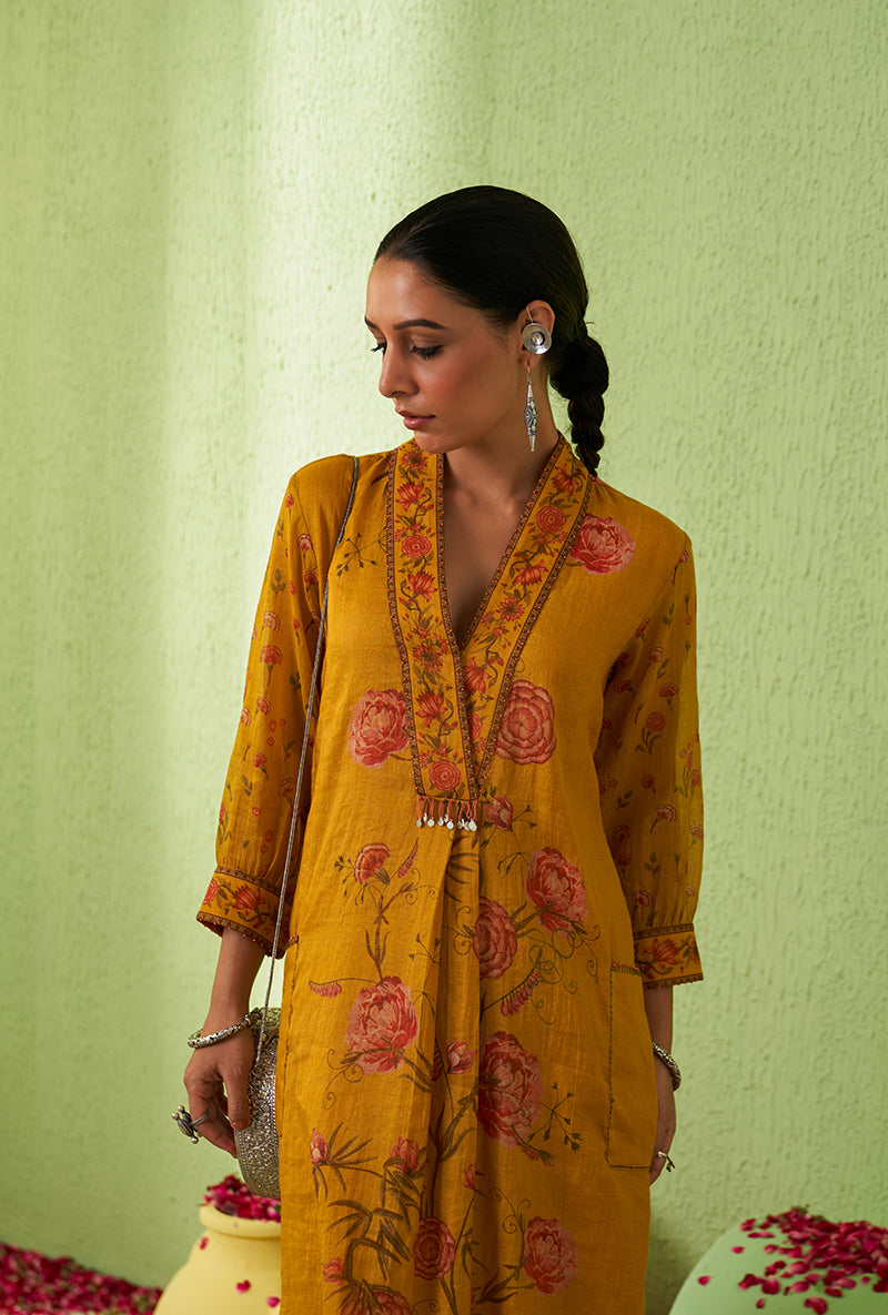 Mustard High Collar Floral Print Kurta Set