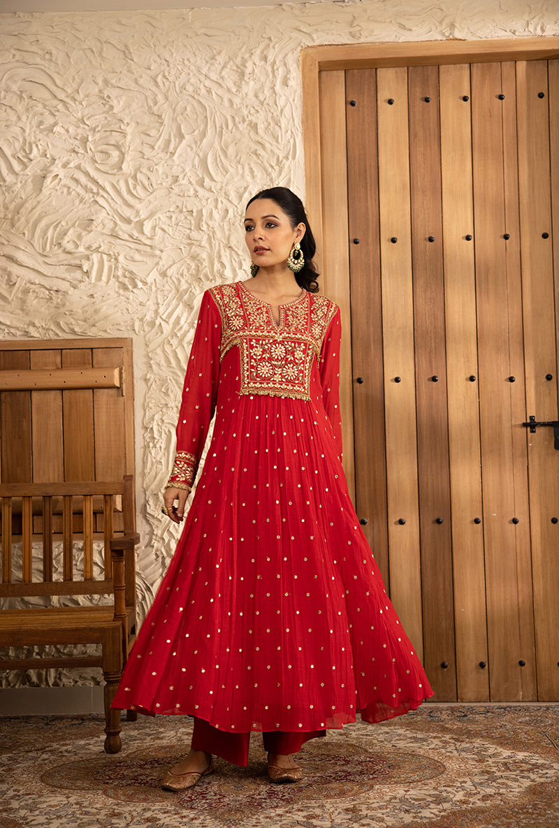 Red Gota Anarkali Masakali Kurta Set