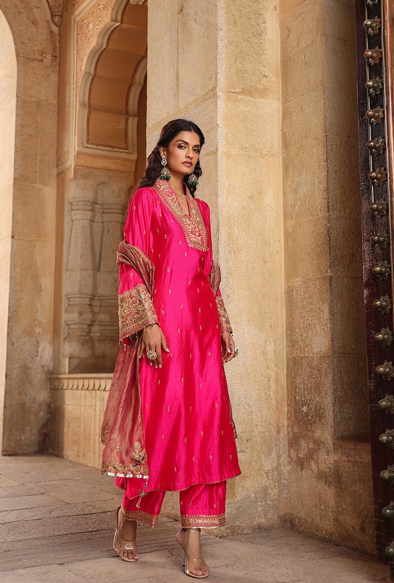 Shocking Pink Stand Collar Raag Kurta Set