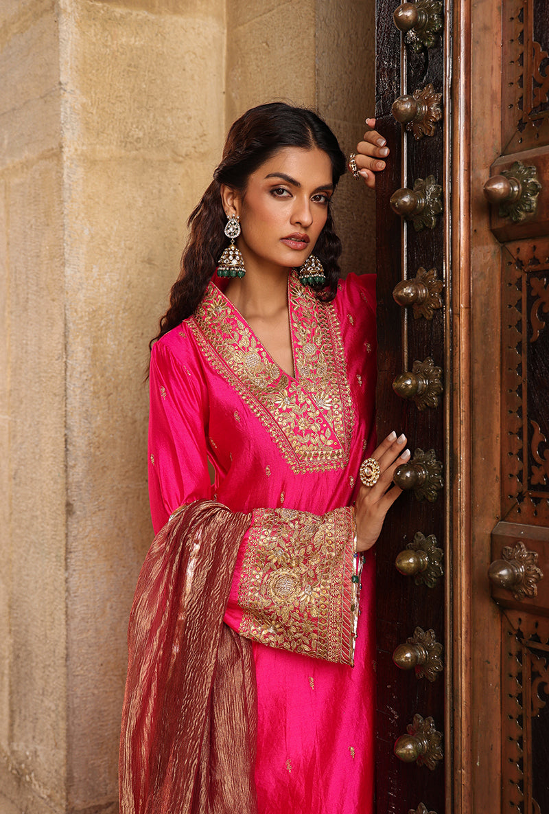 Shocking Pink Stand Collar Raag Kurta Set