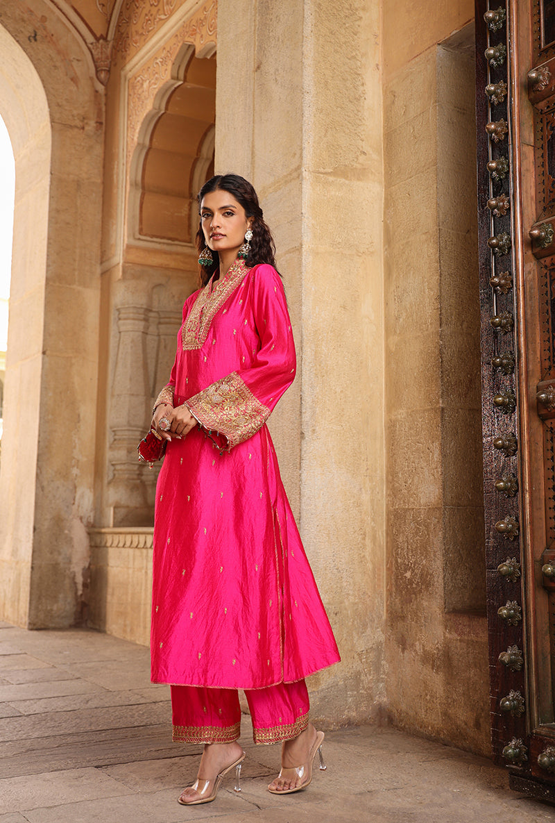 Shocking Pink Stand Collar Raag Kurta Set