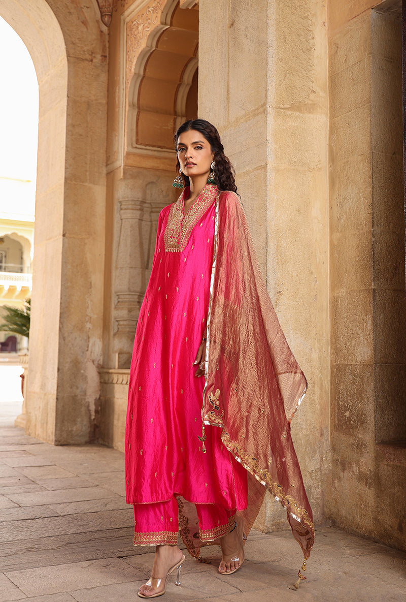 Shocking Pink Stand Collar Raag Kurta Set