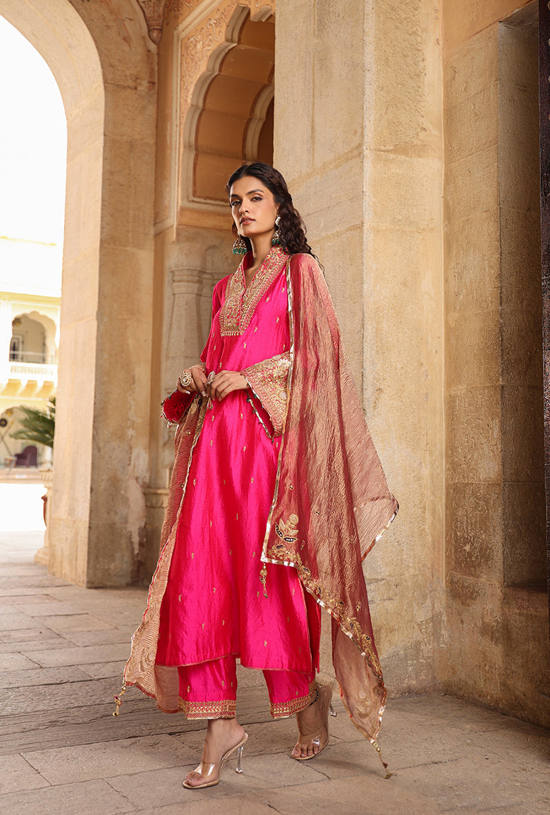 Shocking Pink Stand Collar Raag Kurta Set