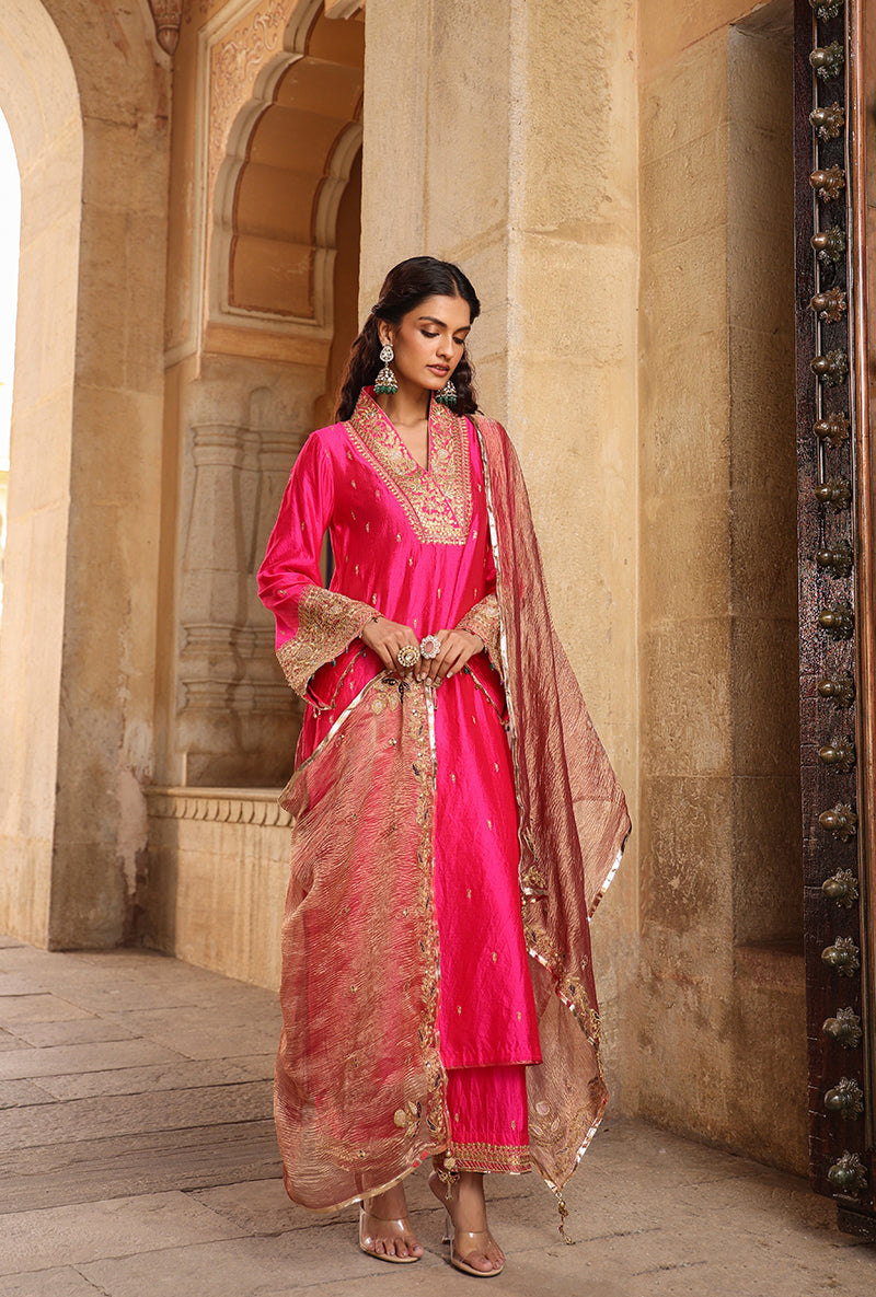 Shocking Pink Stand Collar Raag Kurta Set