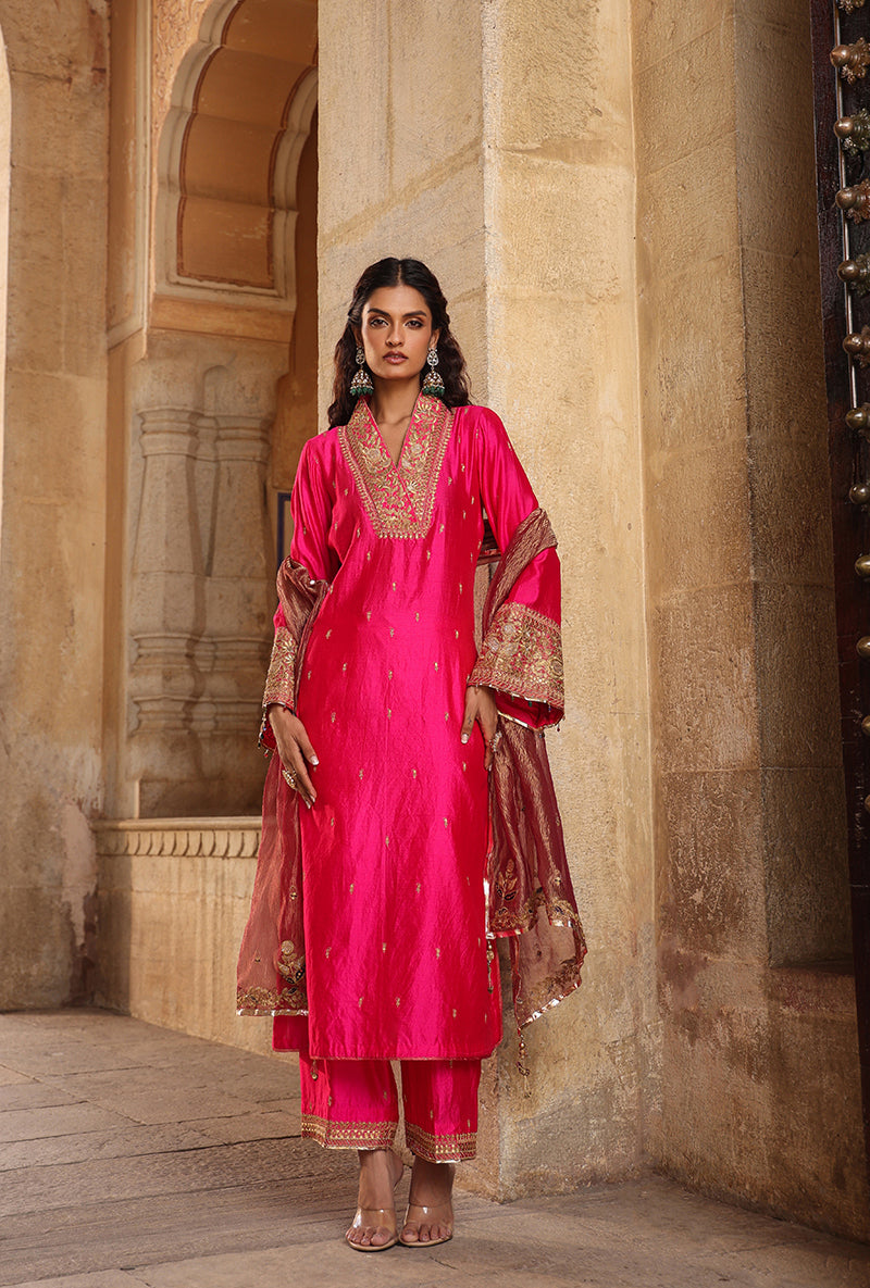 Shocking Pink Stand Collar Raag Kurta Set