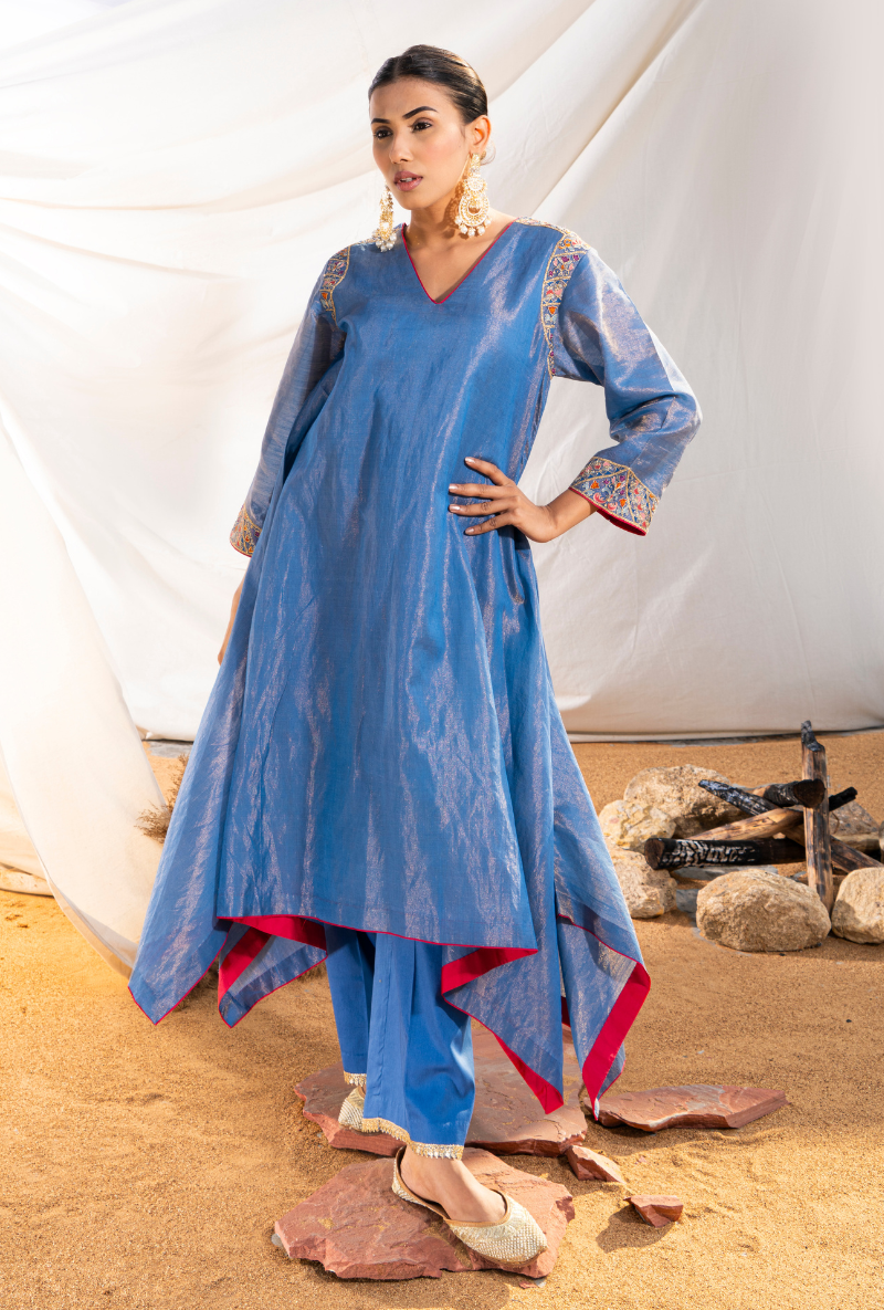 Blue Handloom Cotton Zari Tissue Embroidered Kiara Kurta Set