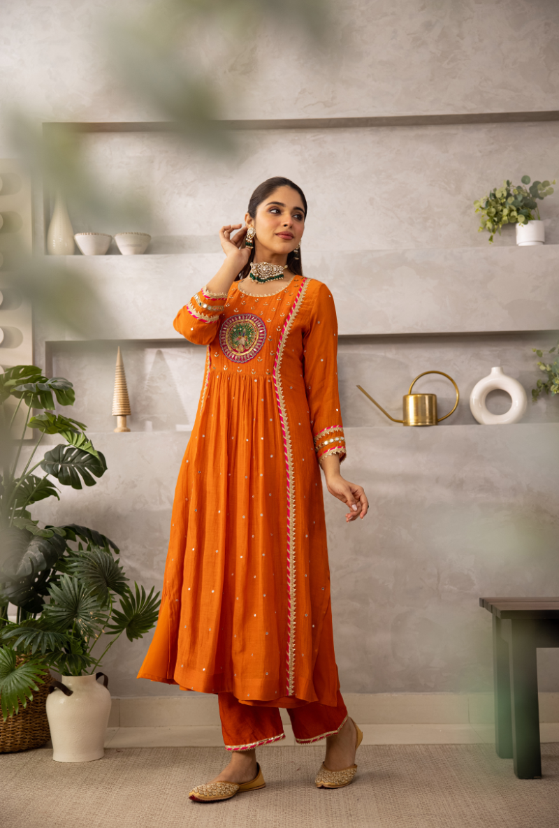 Rust Peacock Motif Laado Kurta Set