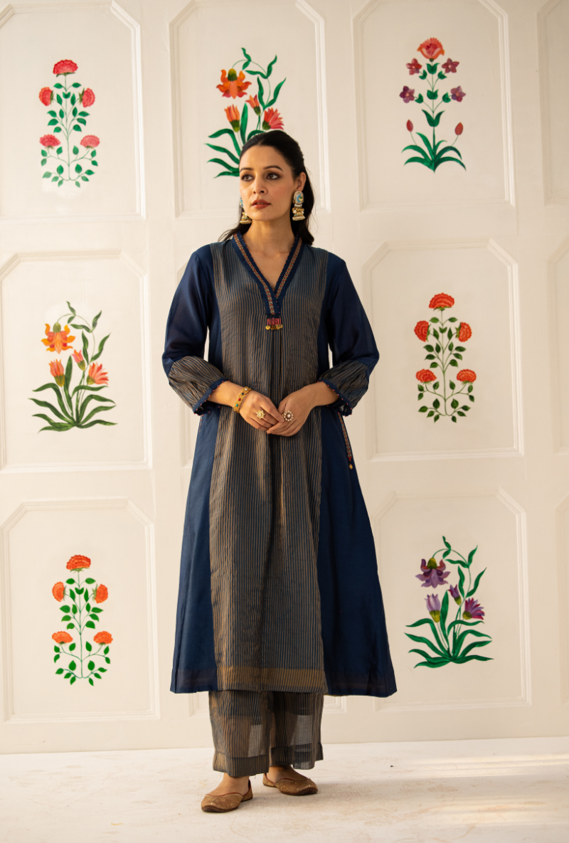 Blue High Collar Kishmish Kurta Set