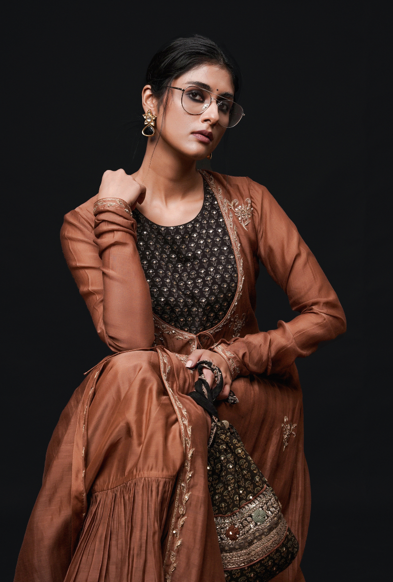 Hazelnut Ruching Chhaya Kurta Set