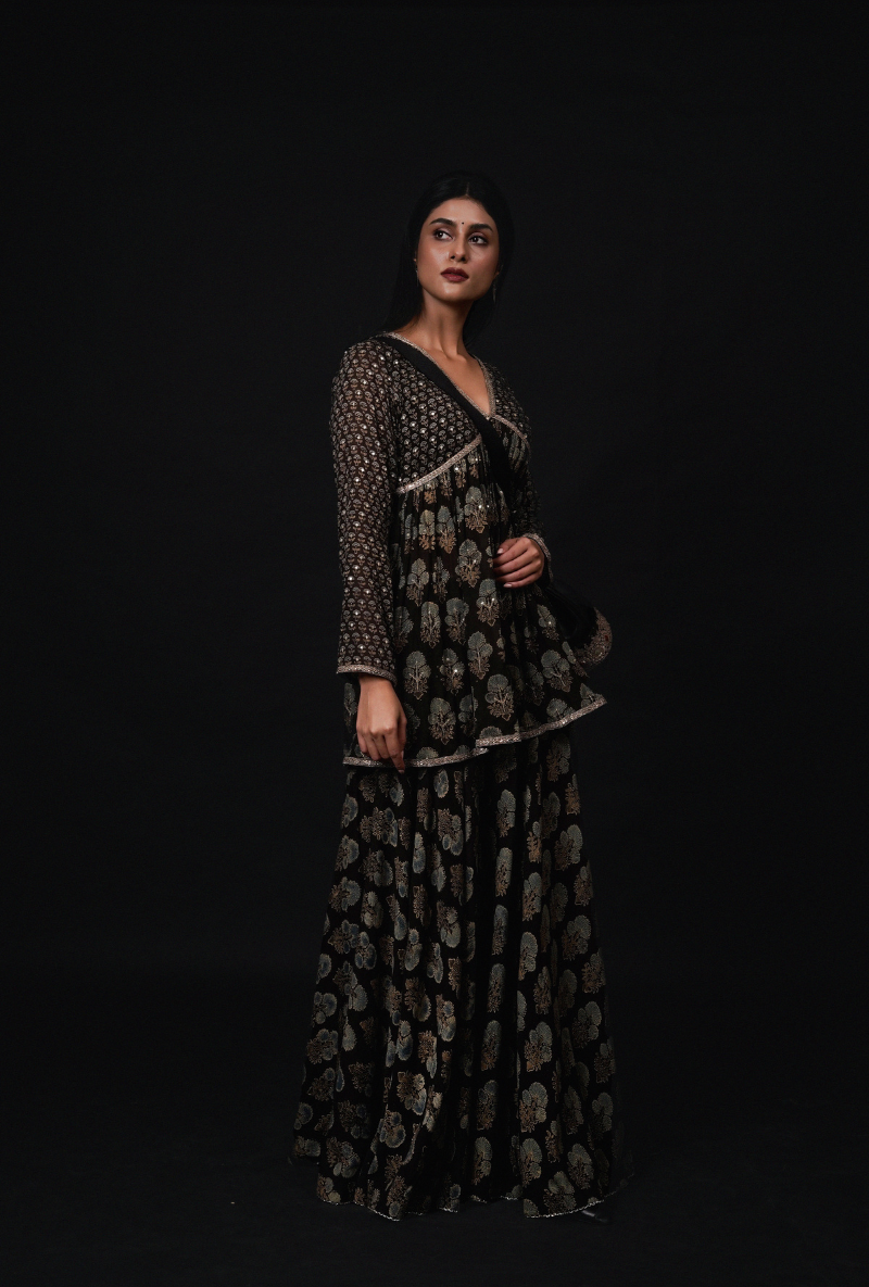 Black Cross Yoke Embroidered Ajrakh Chhaya Sharara Set