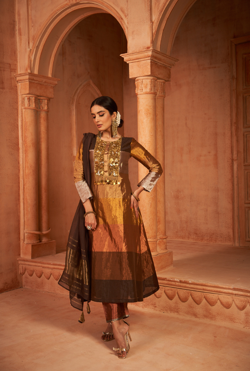 Brown Tissue Metallic Coin Work Kainaat Anarkali Set