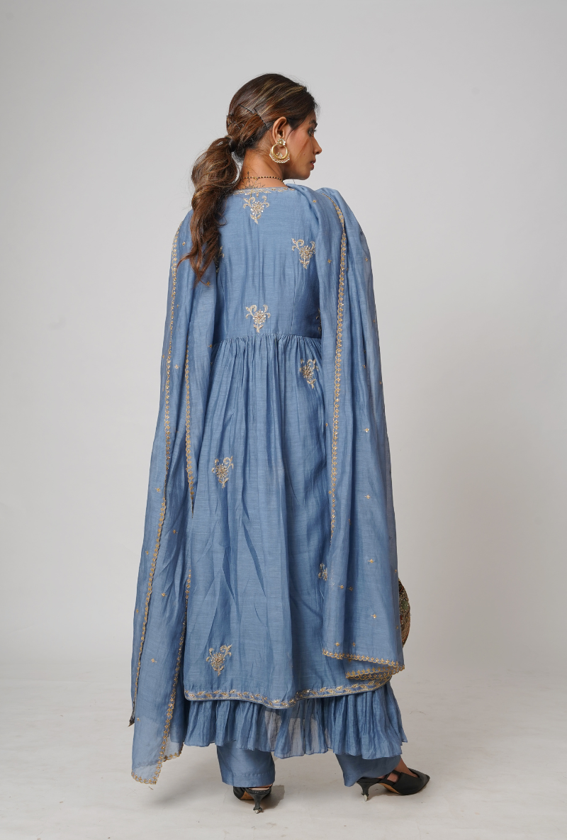 Vintage Indigo Ruching Chhaya Kurta Set