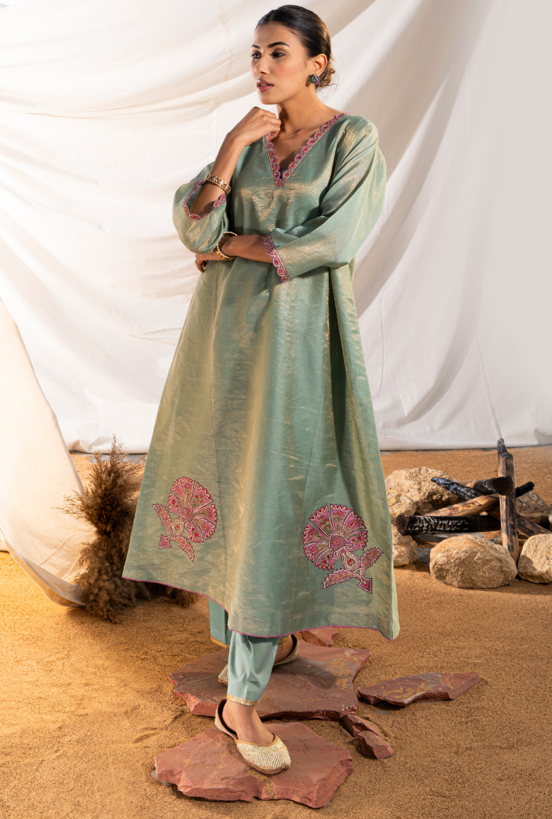 Sage Green Handloom Cotton Zari Tissue Embroidered Kiara Kurta Set