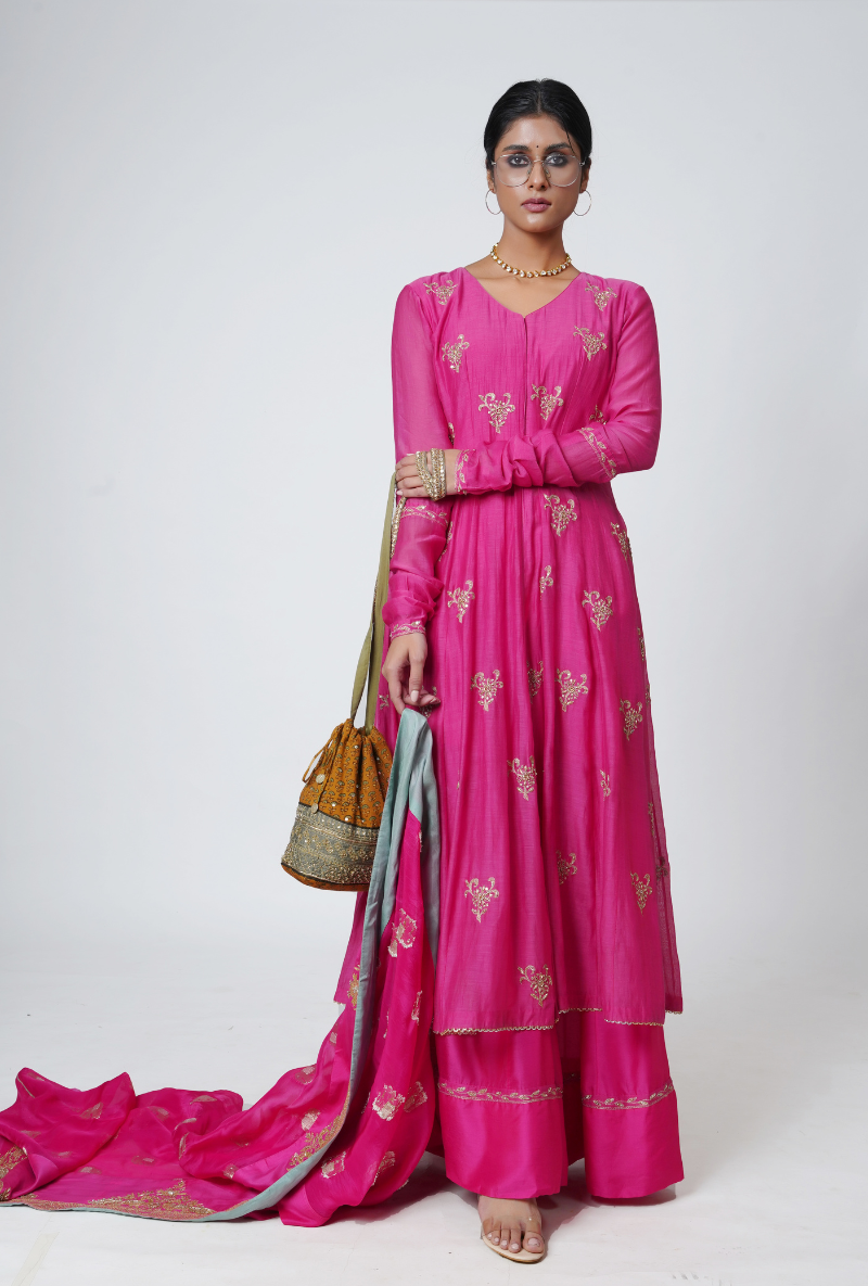 Raspberry Kalidar Front Slit Chhaya Kurta Set