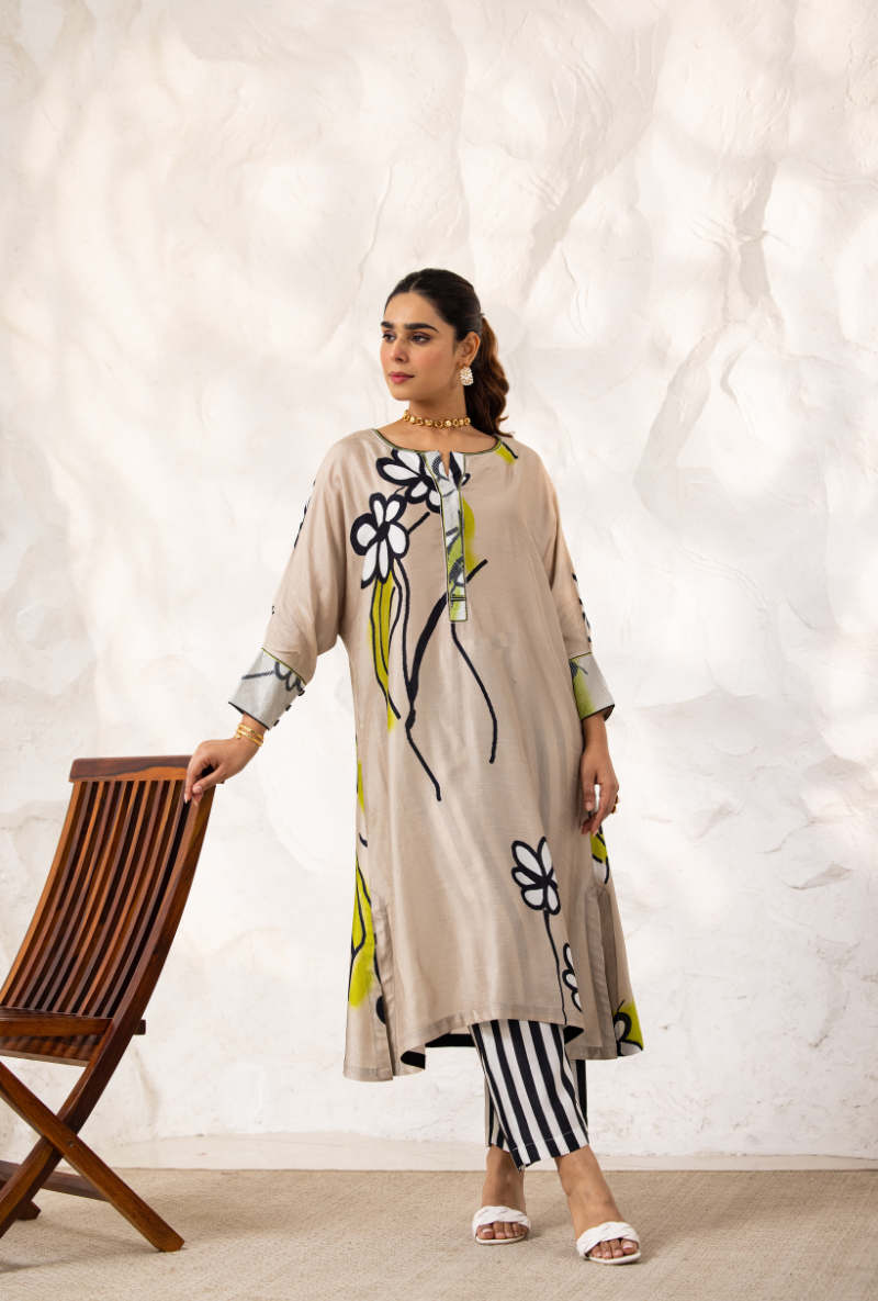 Beige Long Floral Ivy Kurta Set