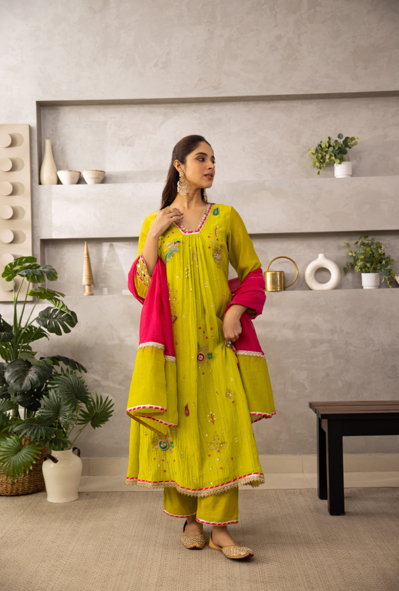 Lime Green Glass Neckline A-Line Laado Kurta Set