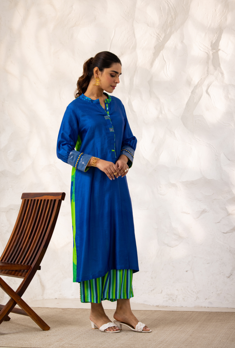 Blue Printed Back Long Ivy Kurta Set