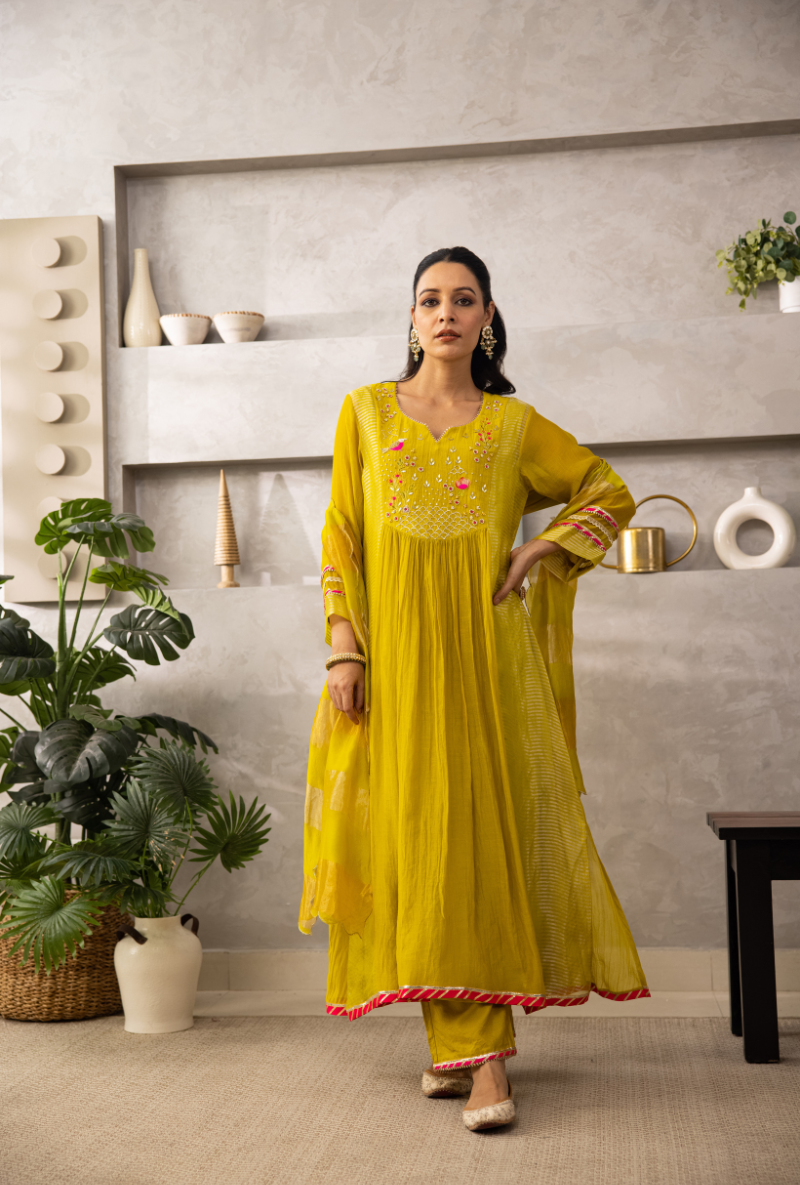 Lemon Yellow Pearl Gota Front Pleat Laado Kurta Set