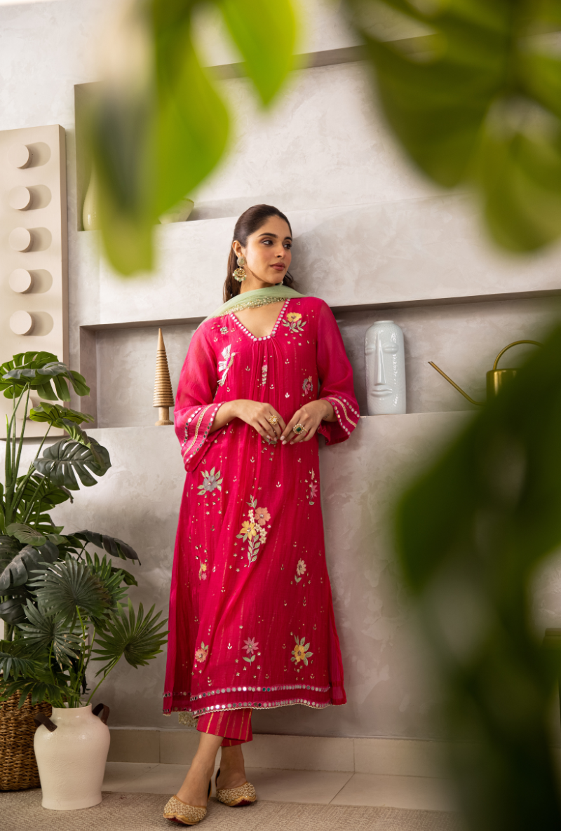 Pink Glass Neckline A-Line Laado Kurta Set