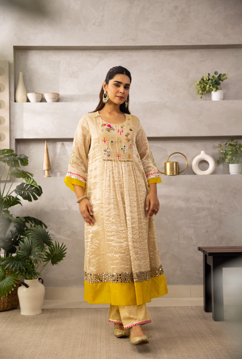 Ivory Reshamn Yoke Front Pleats Laado Kurta Set