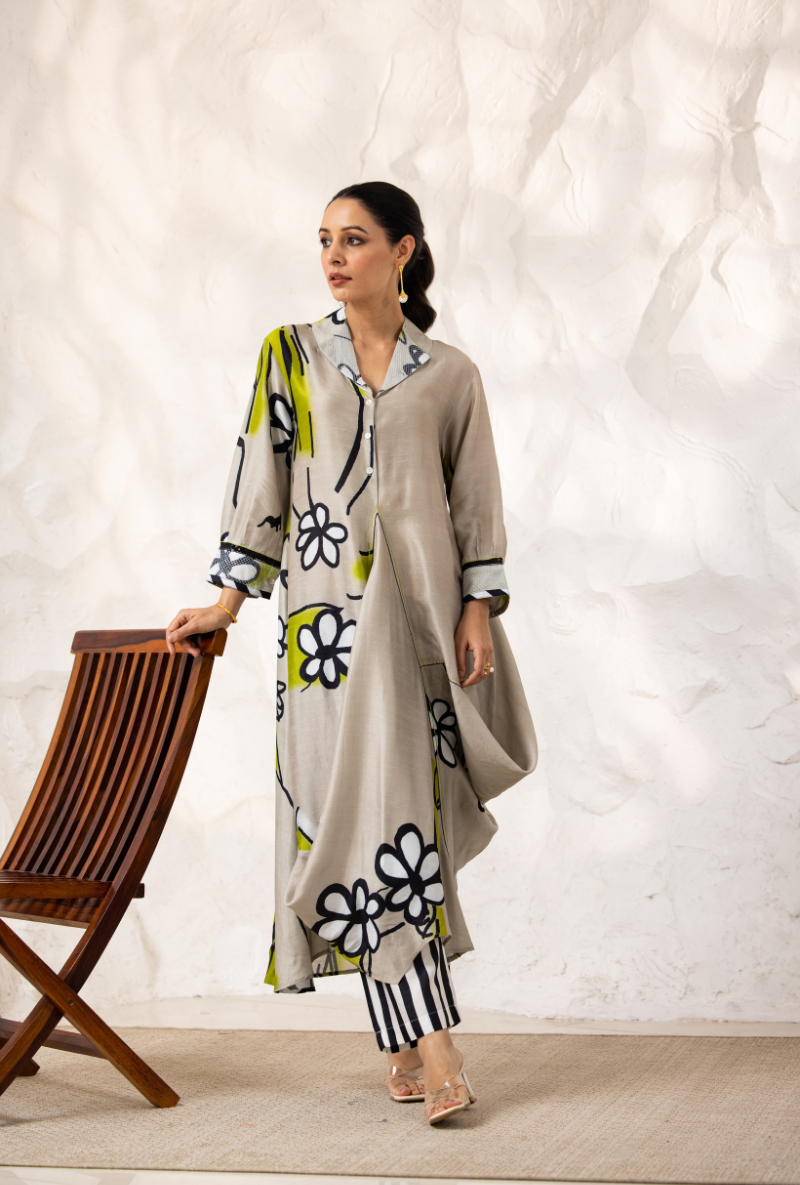 Beige Printed Cowl Ivy Kurta Set