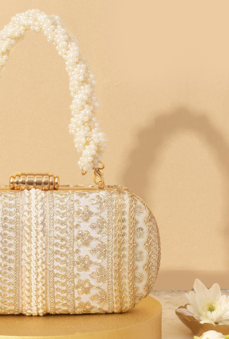 Naaz Embroidered Capsule Clutch - Off-White