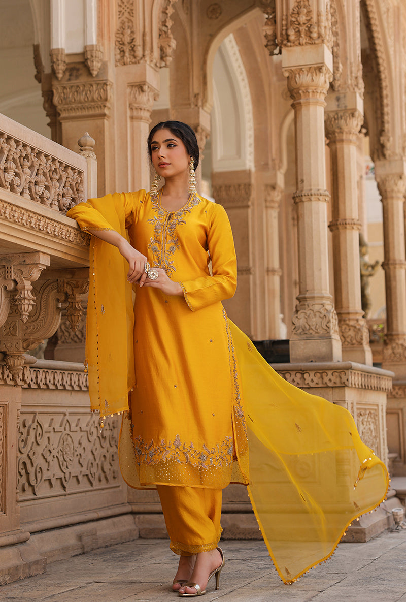 Yellow Heavy Long Raag Kurta Set