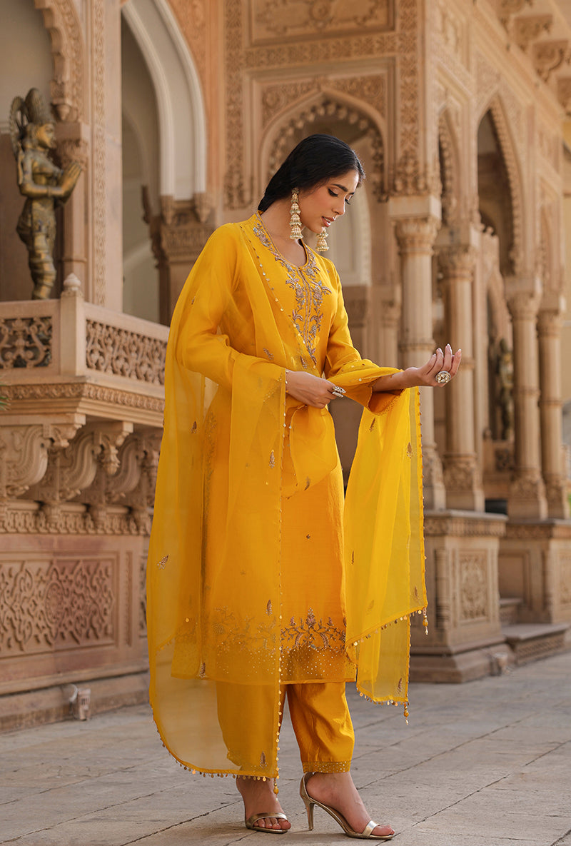 Yellow Heavy Long Raag Kurta Set