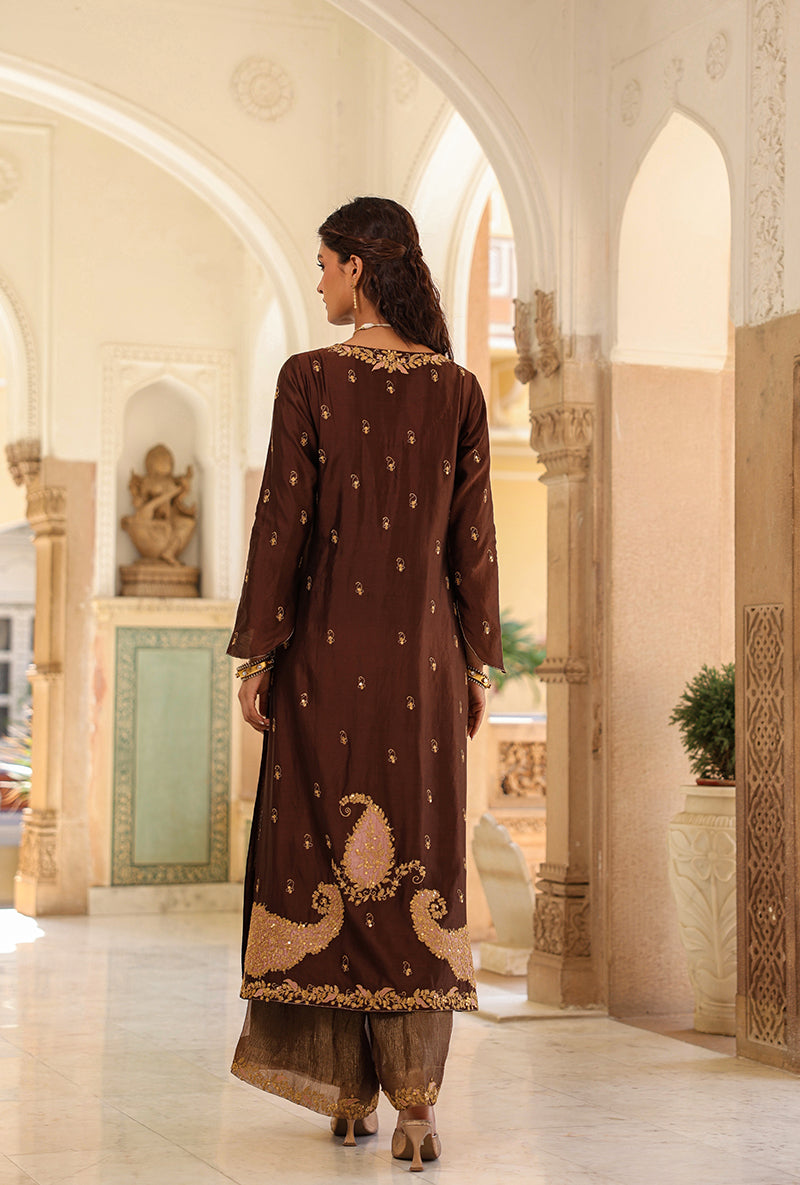 Brown Applique Long Raag Kurta Set