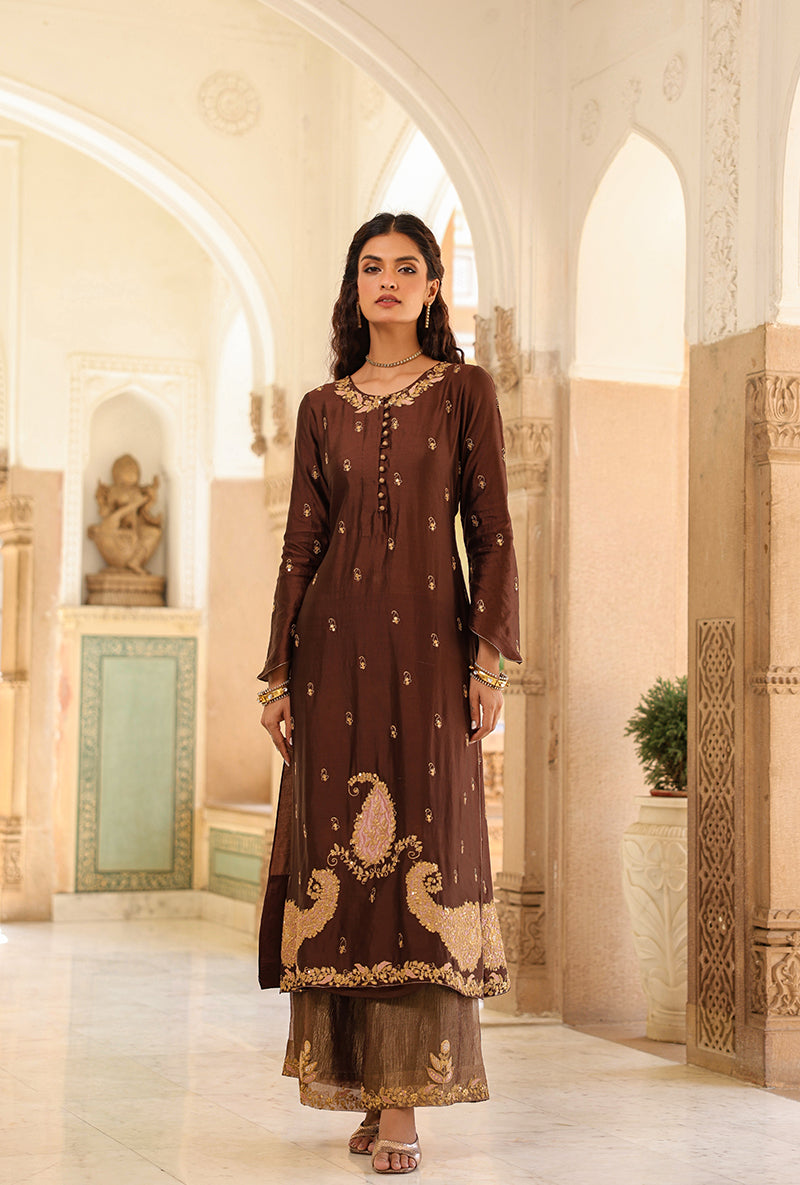 Brown Applique Long Raag Kurta Set