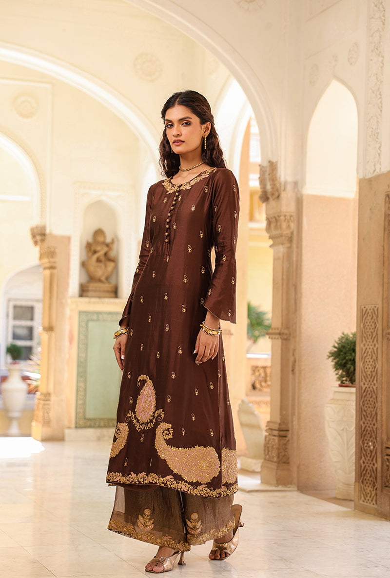 Brown Applique Long Raag Kurta Set