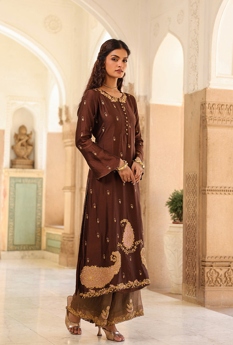 Brown Applique Long Raag Kurta Set