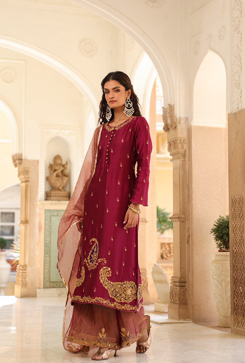 Wine Applique Long Raag Kurta Set