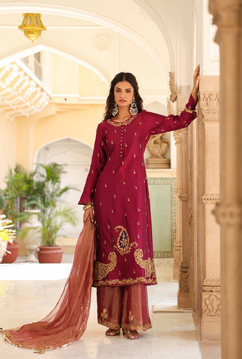 Wine Applique Long Raag Kurta Set