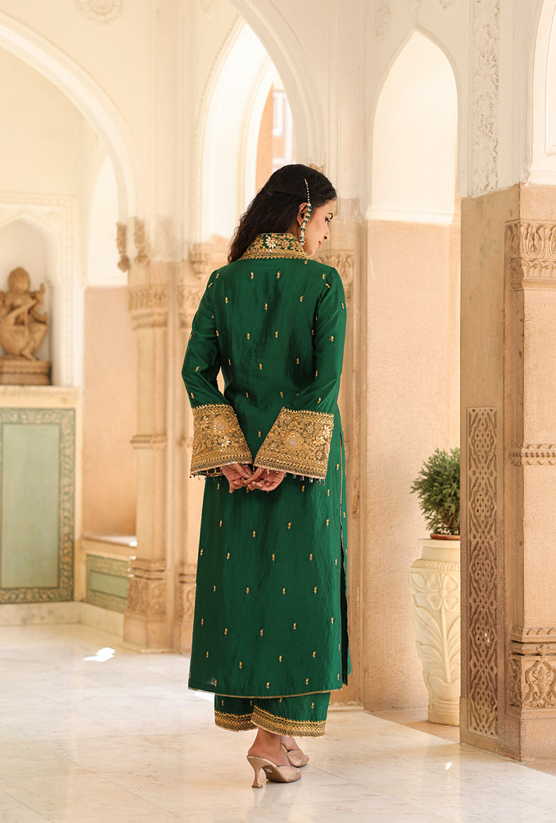 Emerald Green Stand Collar Raag Kurta Set