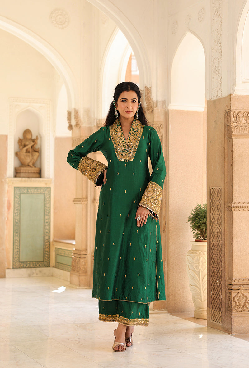 Emerald Green Stand Collar Raag Kurta Set