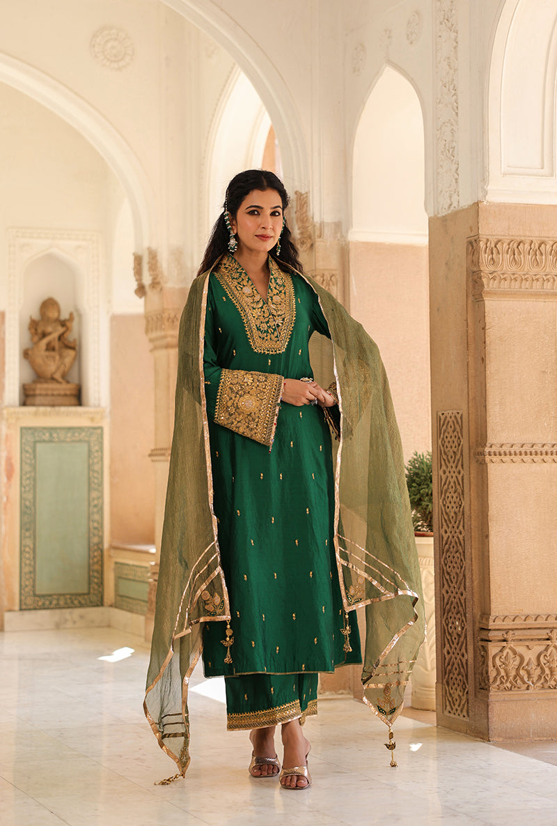 Emerald Green Stand Collar Raag Kurta Set